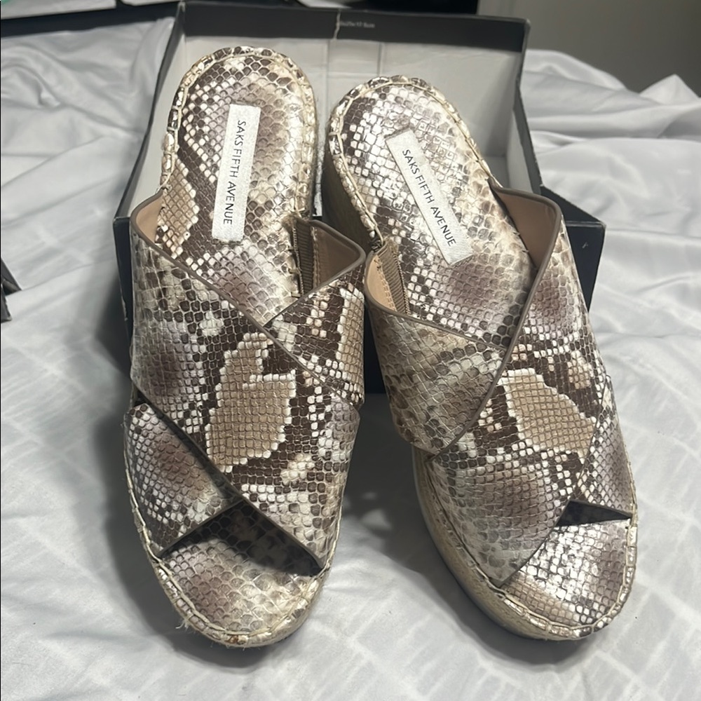 Saks Fifth Avenue Taupe Snakeskin Pattern Sandals - Tan, 8
